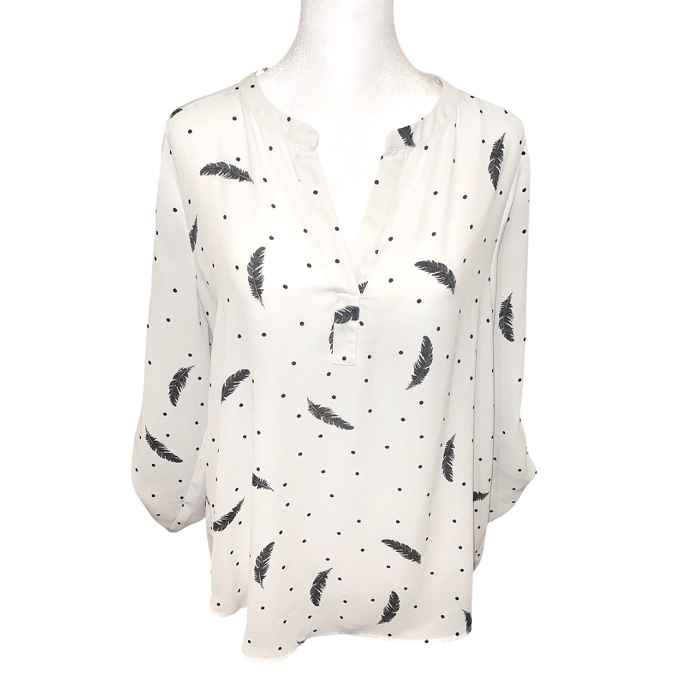 DR2 White Blouse with Black Feather and Dot Print | Size Medium